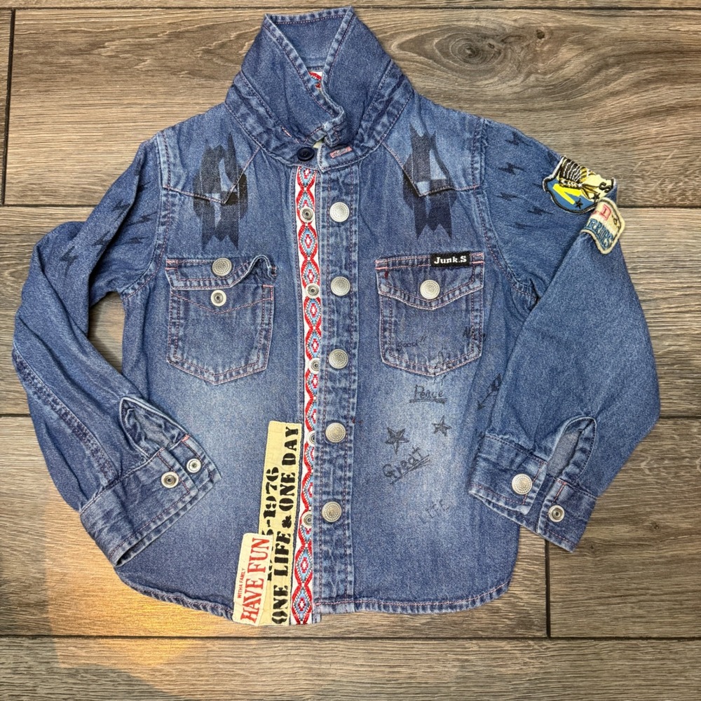 Junk Store Kids Blue Denim Western Shirt United States 1775-1776 Graphic Patches
